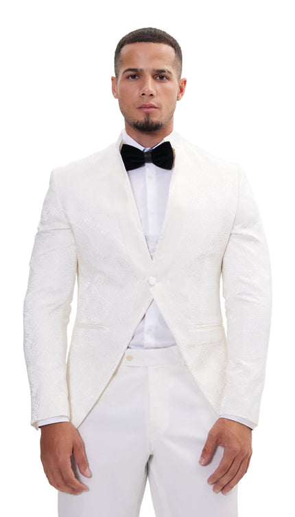 Embellished Satin Mandarin Collar Tuxedo Jacket - White - Ron Tomson