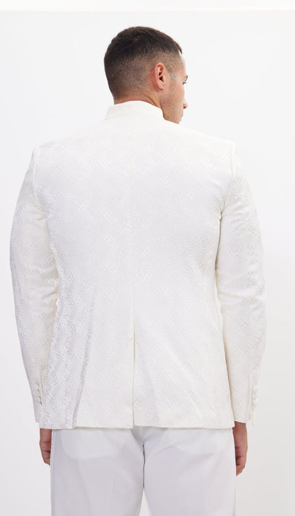 Embellished Satin Mandarin Collar Tuxedo Jacket - White - Ron Tomson