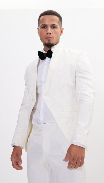 Embellished Satin Mandarin Collar Tuxedo Jacket - White - Ron Tomson