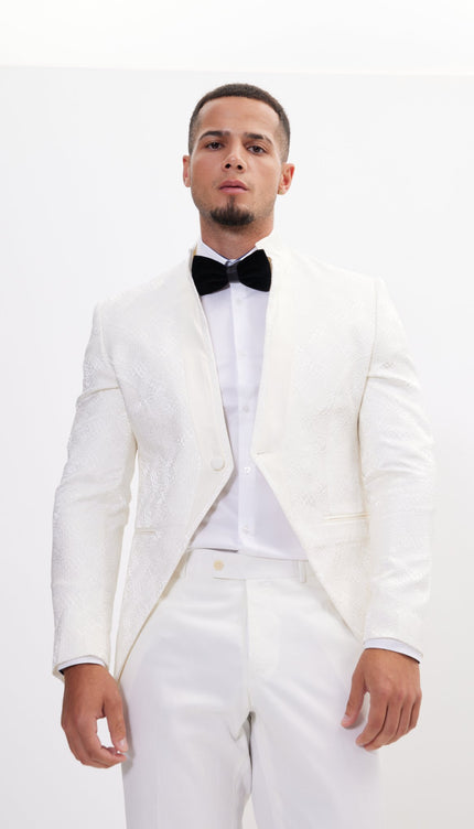 Embellished Satin Mandarin Collar Tuxedo Jacket - White - Ron Tomson