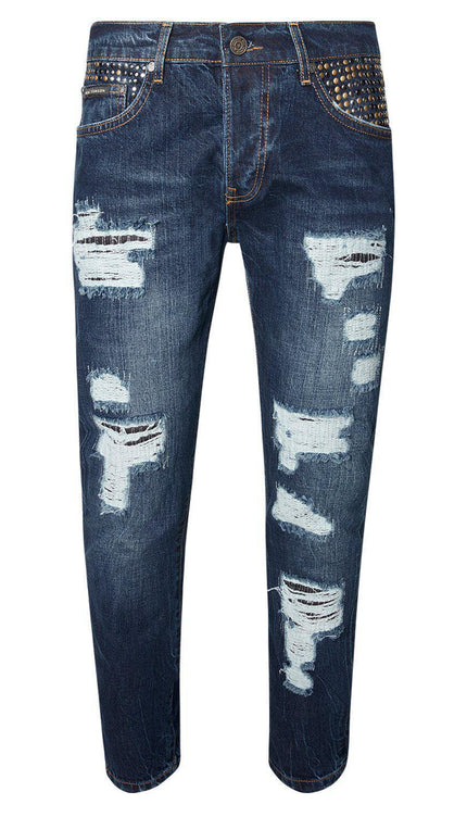 Embellished Slim Straight Navy Jeans - Ron Tomson
