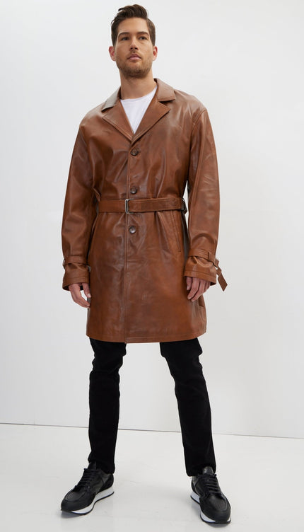 Enforcer'S Belted Leather Trench - Cognac - Ron Tomson