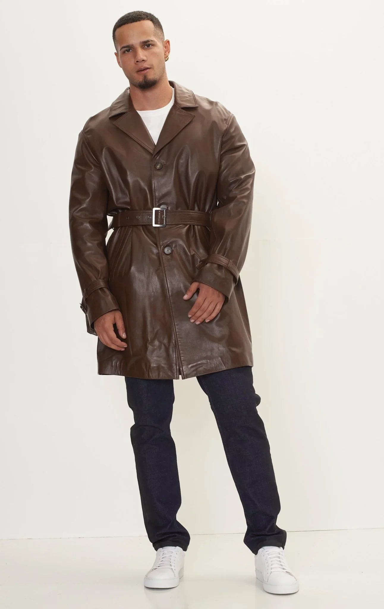 Leather Jacket Dark Brown Trench Coat Mens Enforcer'S Belted