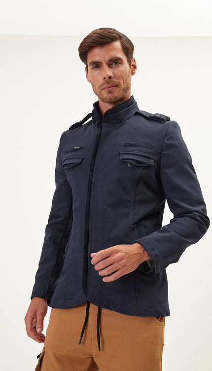 Epaulette Shoulder Stand Collar Jacket - Navy - Ron Tomson