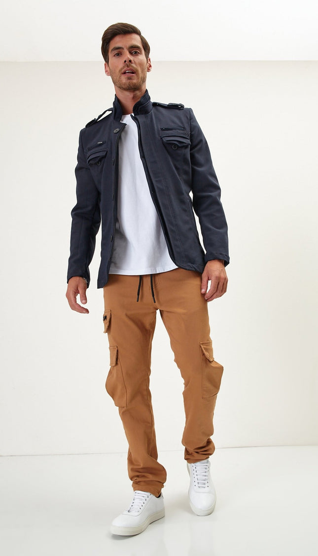 Epaulette Shoulder Stand Collar Jacket - Navy - Ron Tomson