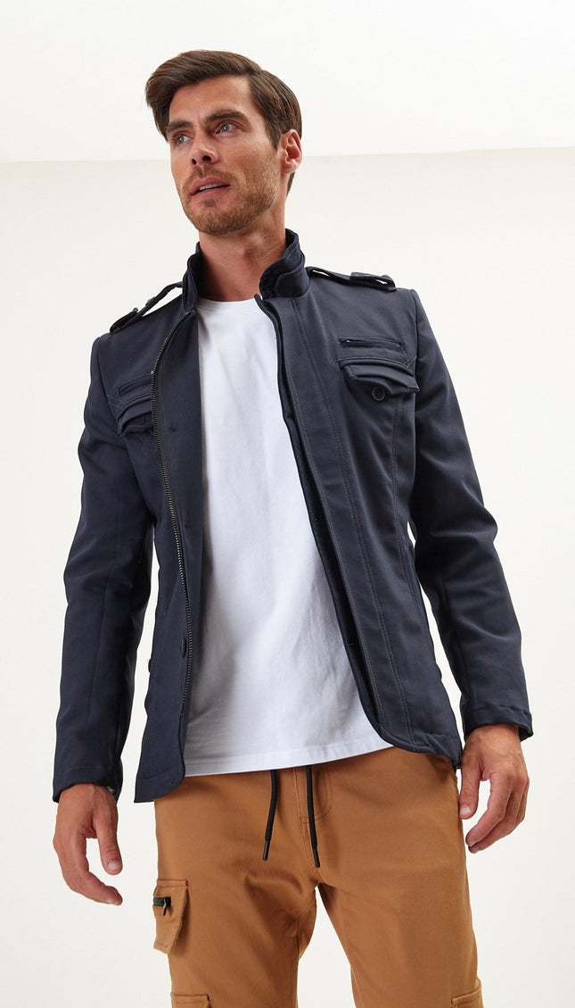 Epaulette Shoulder Stand Collar Jacket - Navy - Ron Tomson