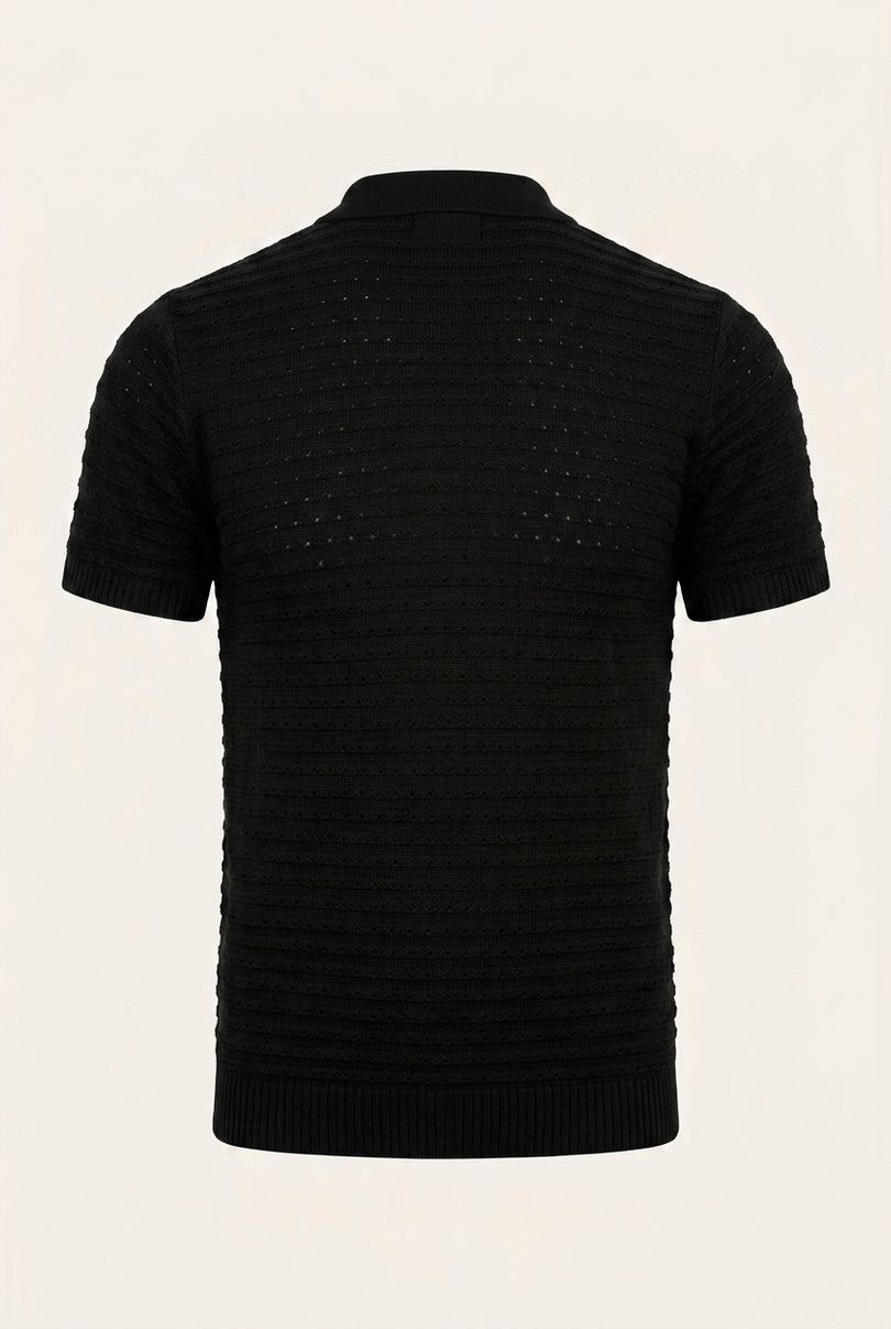 Eyelet Knit Polo Shirt - Black - Back