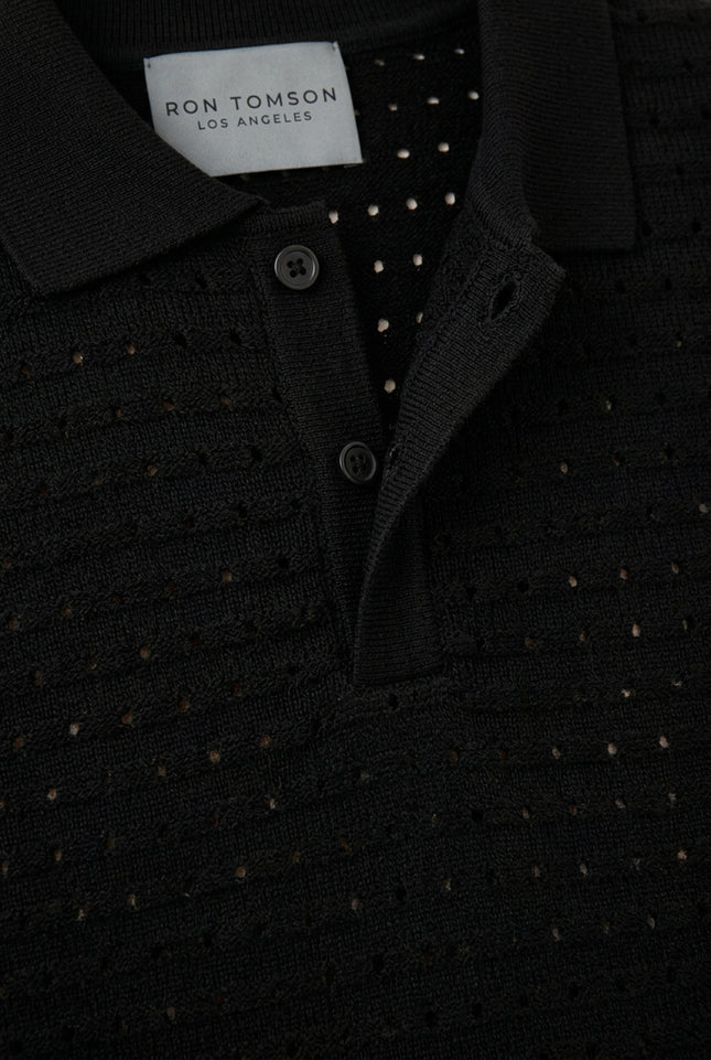 Eyelet Knit Polo Shirt - Black - Detail