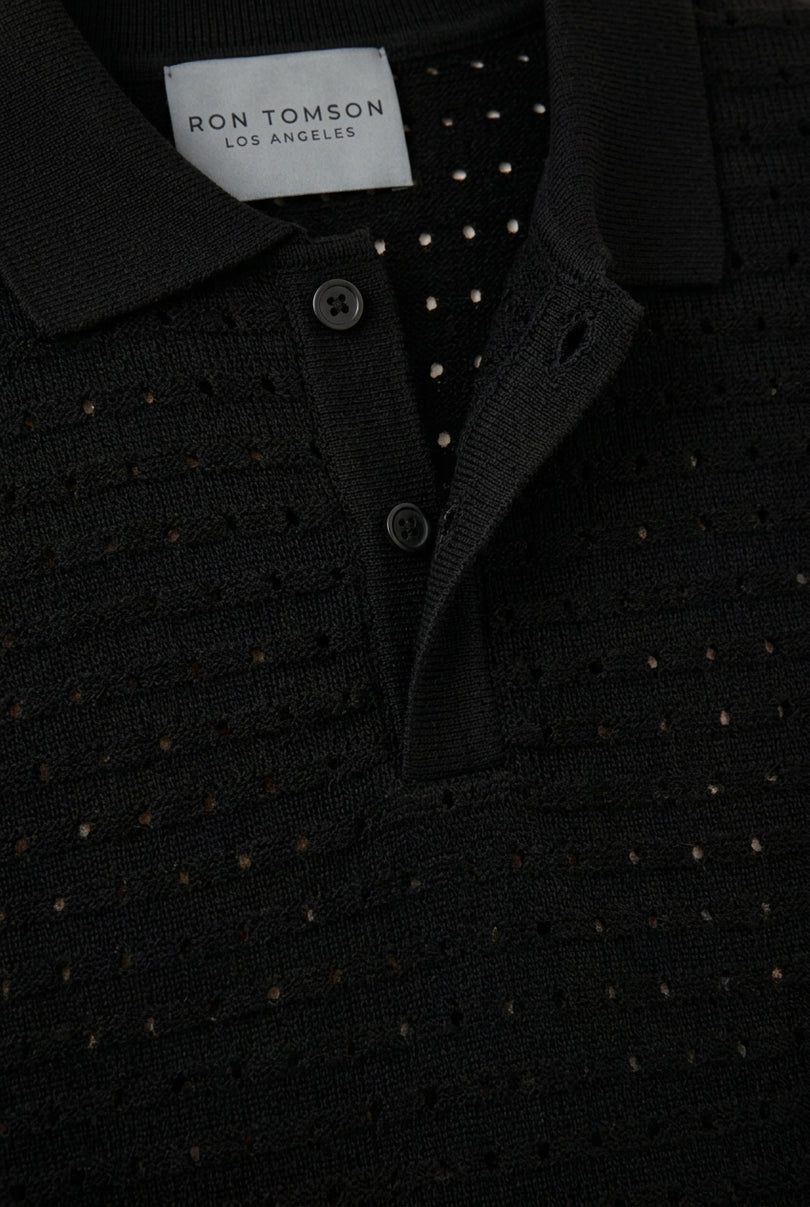 Eyelet Knit Polo Shirt - Black - Detail