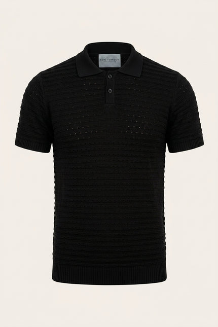 Eyelet Knit Polo Shirt - Black - Front