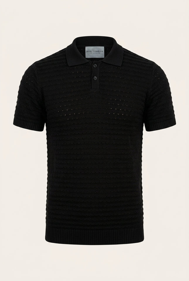 Eyelet Knit Polo Shirt - Black - Front