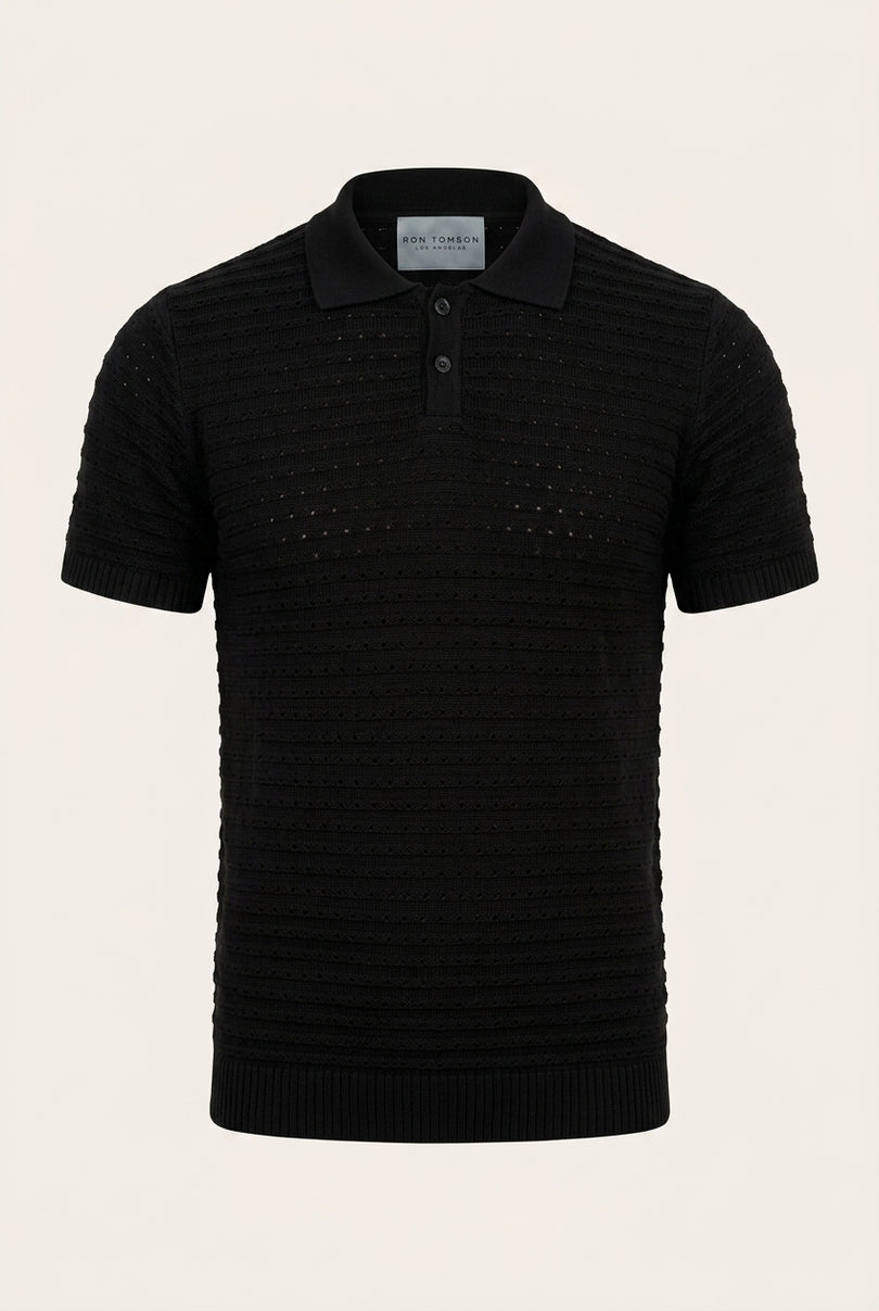 Eyelet Knit Polo Shirt - Black - Front