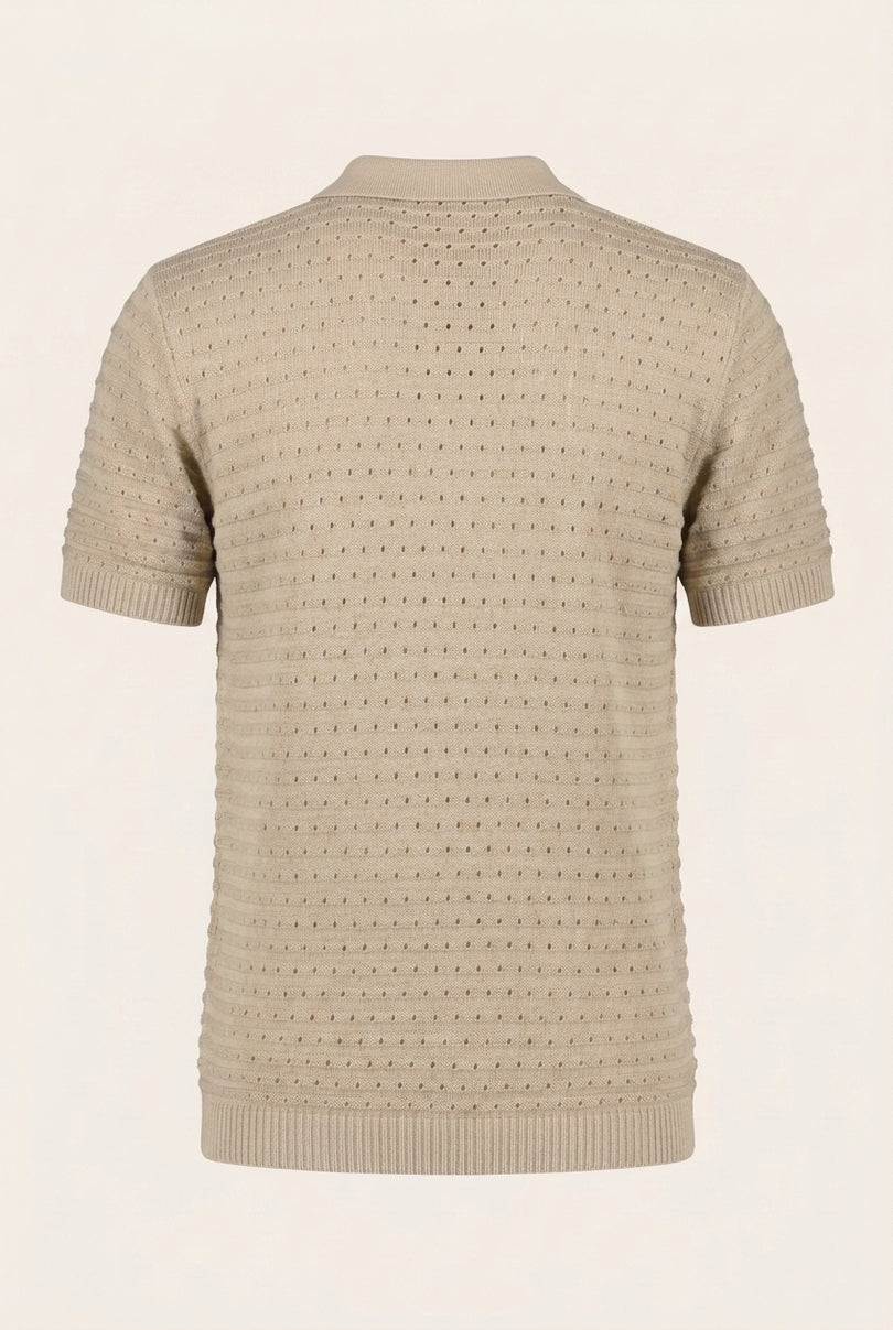 Eyelet Knit Polo Shirt - Stone - Back