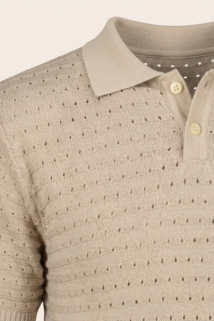 Eyelet Knit Polo Shirt - Stone - Detail