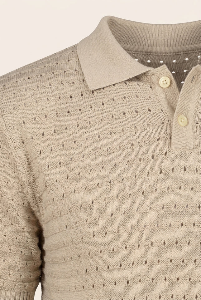Eyelet Knit Polo Shirt - Stone - Detail