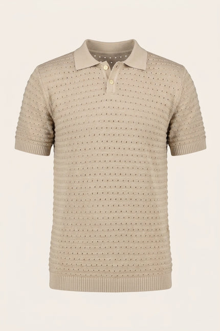 Eyelet Knit Polo Shirt - Stone - Front