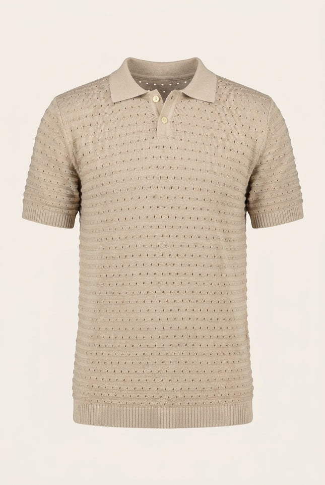 Eyelet Knit Polo Shirt - Stone - Front