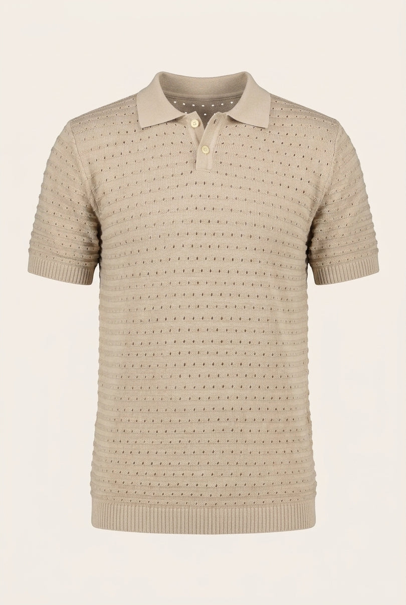 Eyelet Knit Polo Shirt - Stone - Front