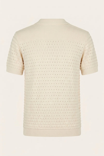 Eyelet Knit Short Sleeve Polo Tee - Cream - Back
