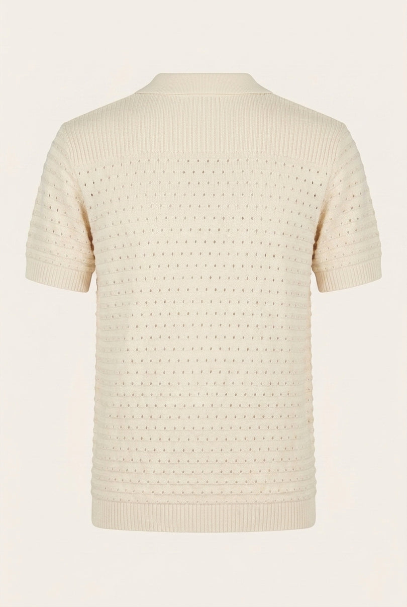 Eyelet Knit Short Sleeve Polo Tee - Cream - Back