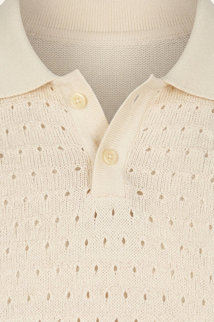 Eyelet Knit Short Sleeve Polo Tee - Cream - Detail