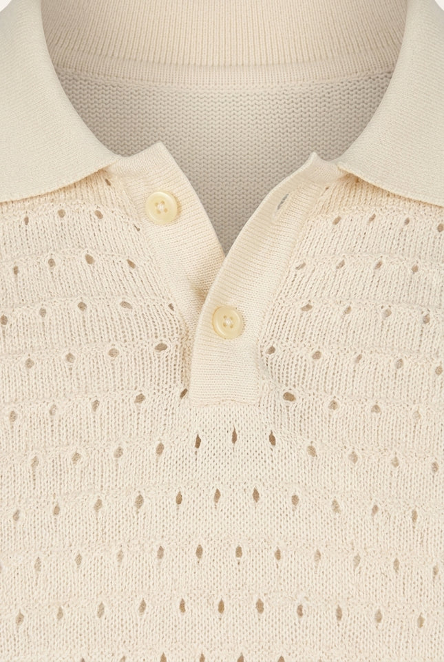 Eyelet Knit Short Sleeve Polo Tee - Cream - Detail