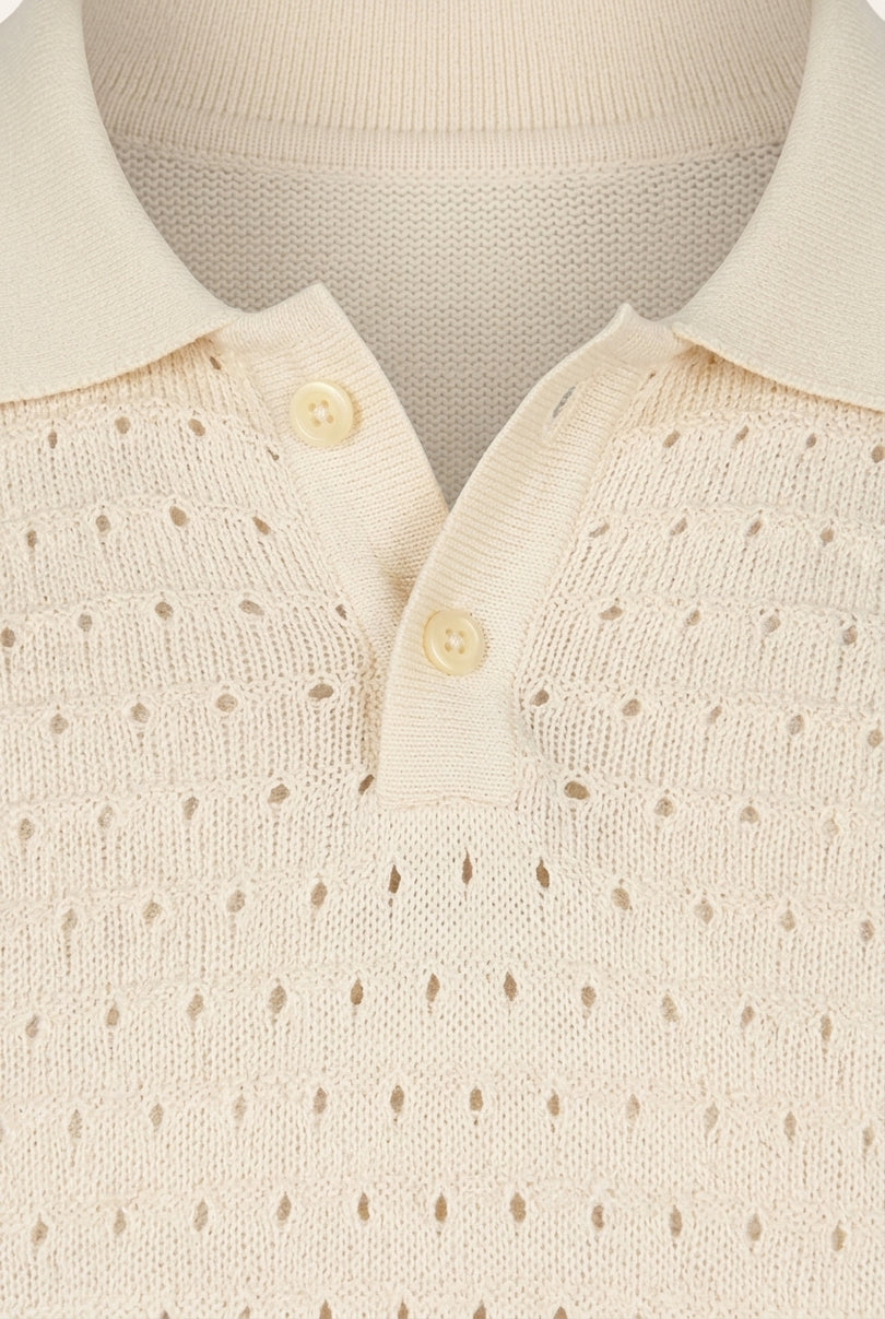 Eyelet Knit Short Sleeve Polo Tee - Cream - Detail