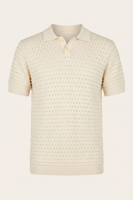 Eyelet Knit Short Sleeve Polo Tee - Cream - Front