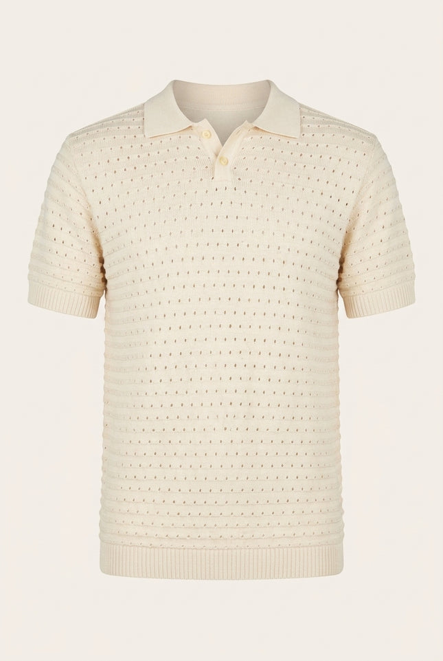 Eyelet Knit Short Sleeve Polo Tee - Cream - Front