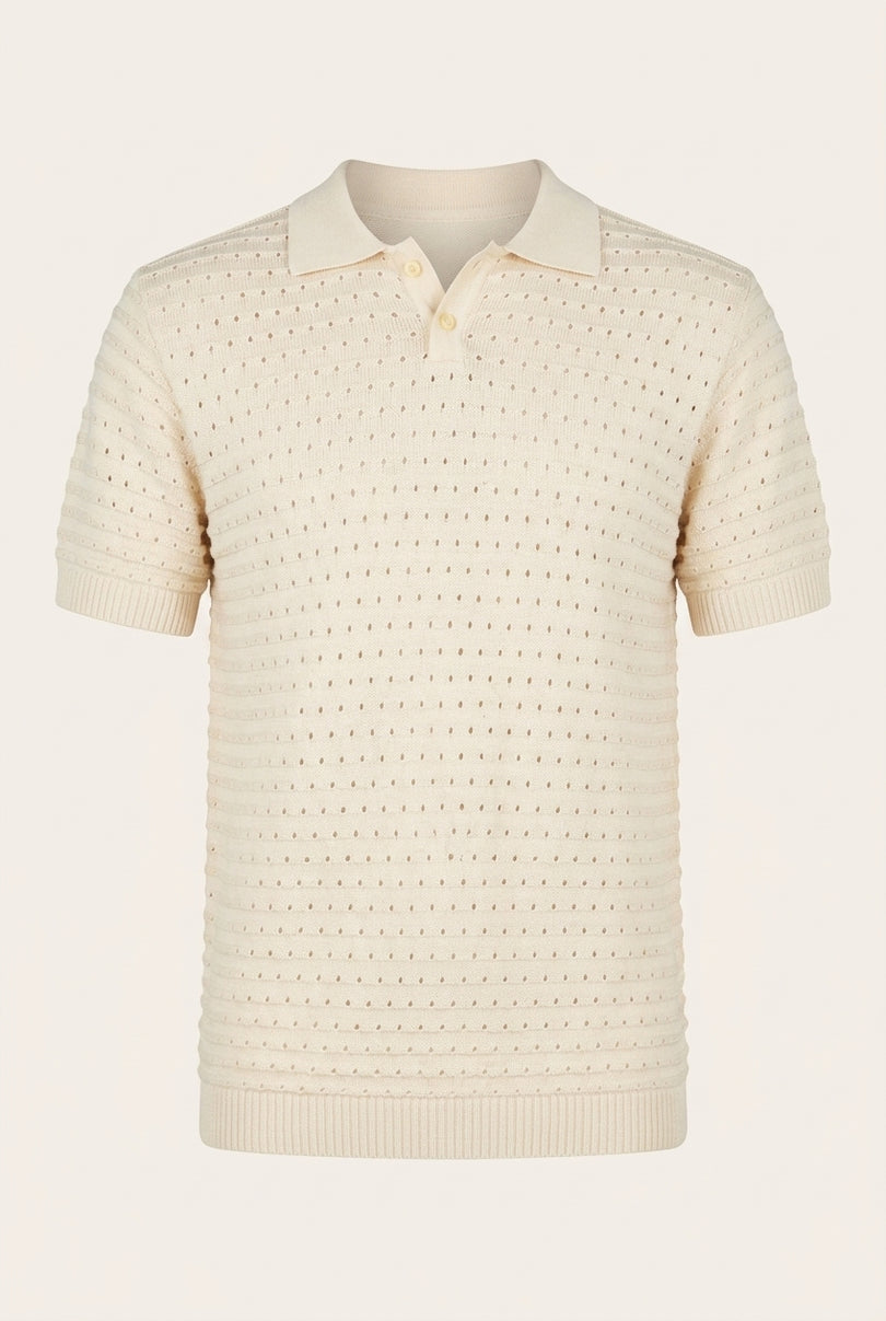 Eyelet Knit Short Sleeve Polo Tee - Cream - Front