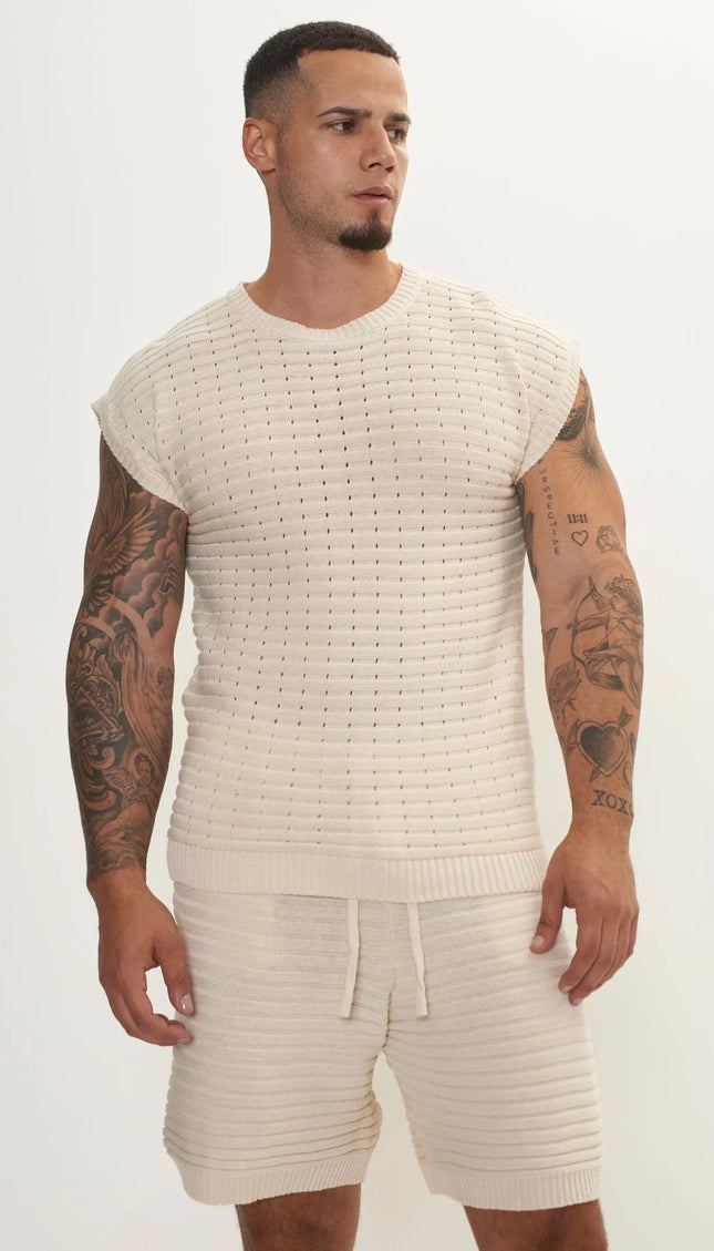 Eyelet short sleeve Knit Top and Shorts Set - Beige - Ron Tomson