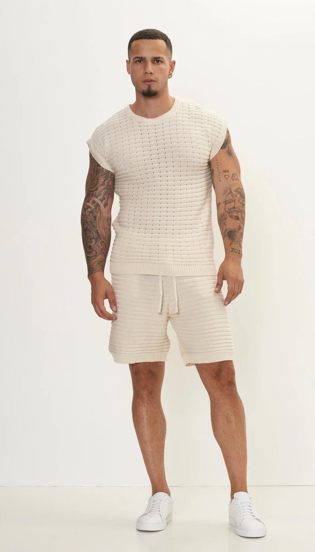 Eyelet short sleeve Knit Top and Shorts Set - Beige - Ron Tomson