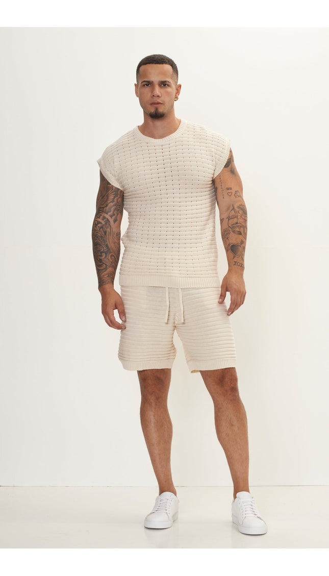 Eyelet short sleeve Knit Top and Shorts Set - Beige - Ron Tomson