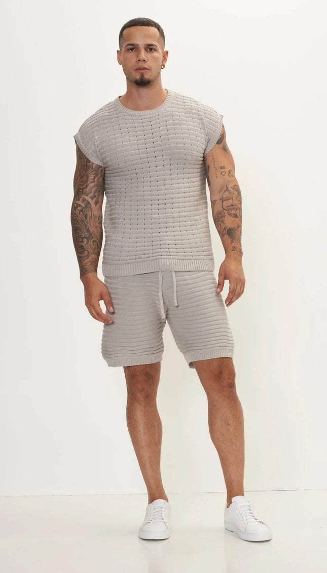 Eyelet short sleeve Knit Top and Shorts Set - Grey - Ron Tomson