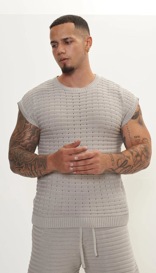 Eyelet short sleeve Knit Top and Shorts Set - Grey - Ron Tomson