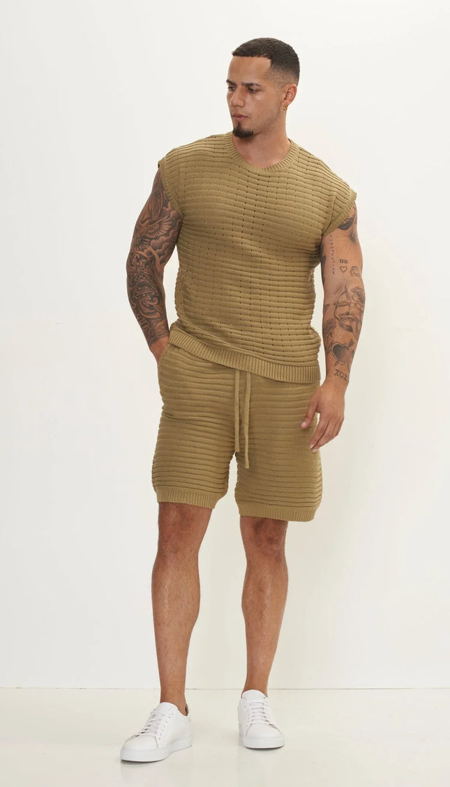 Eyelet short sleeve Knit Top and Shorts Set - Light Green - Ron Tomson