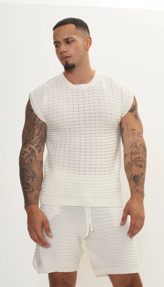 Eyelet short sleeve Knit Top and Shorts Set - Off White - Ron Tomson