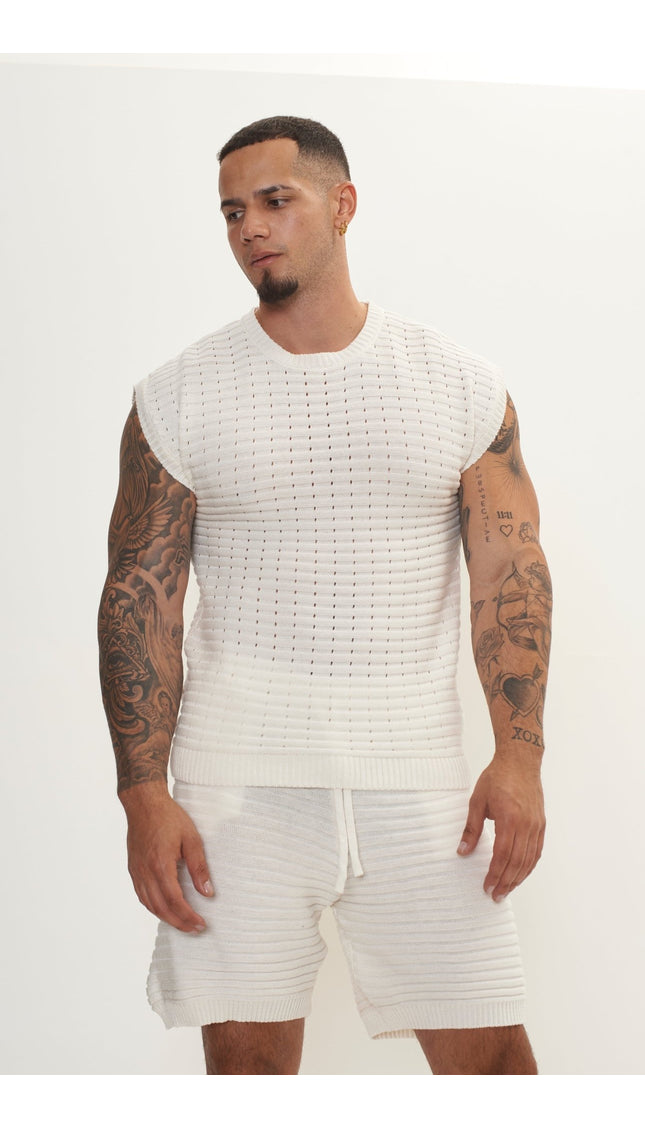 Eyelet short sleeve Knit Top and Shorts Set - Off White - Ron Tomson