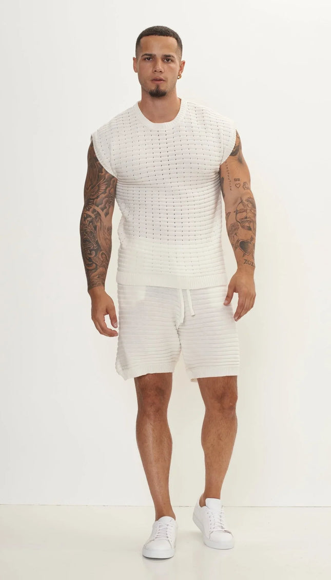 Eyelet short sleeve Knit Top and Shorts Set - Off White - Ron Tomson