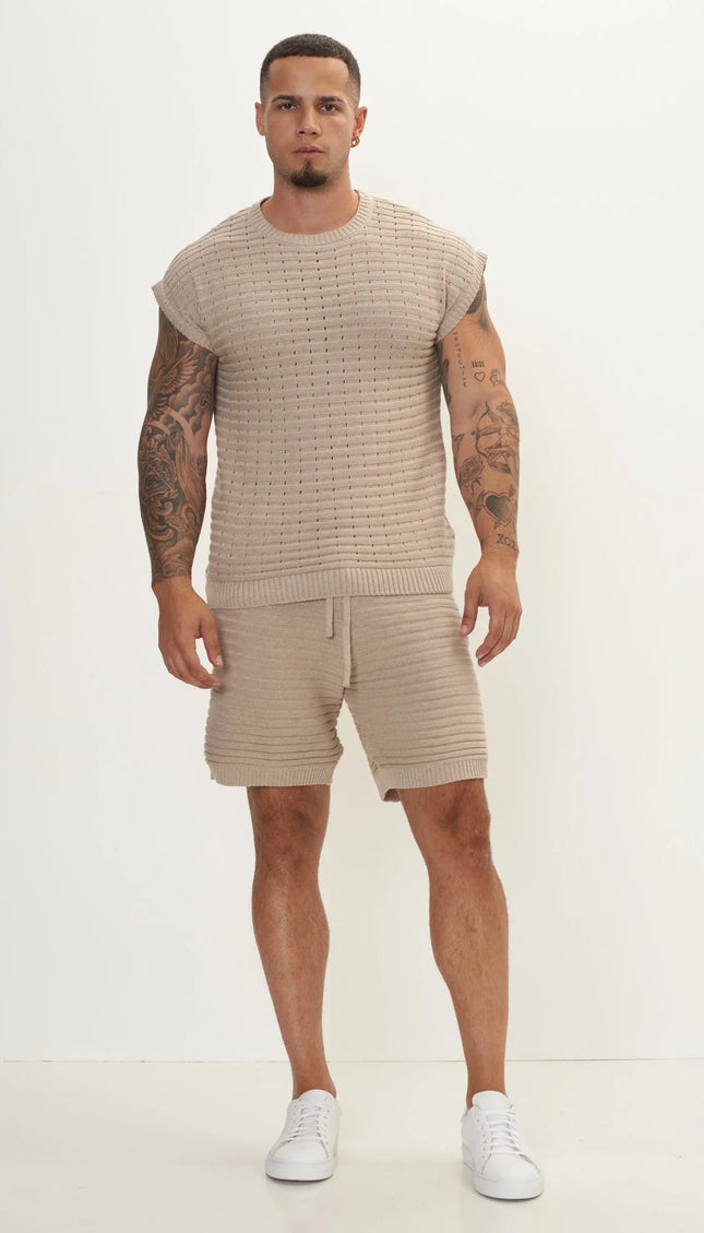 Eyelet short sleeve Knit Top and Shorts Set - Stone - Ron Tomson