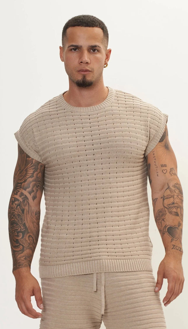 Eyelet short sleeve Knit Top and Shorts Set - Stone - Ron Tomson