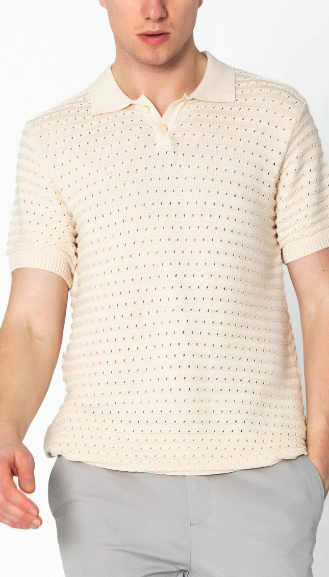 Eyelet Short Sleeve Polo Tee - Beige - Ron Tomson