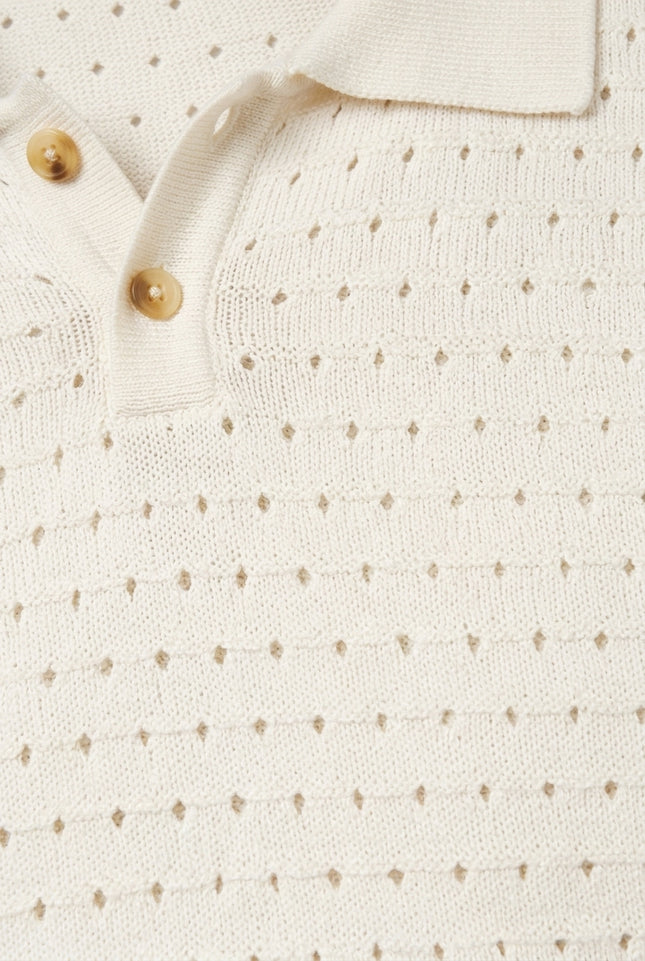 Eyelet Short Sleeve Polo Tee - Off-White - Detail