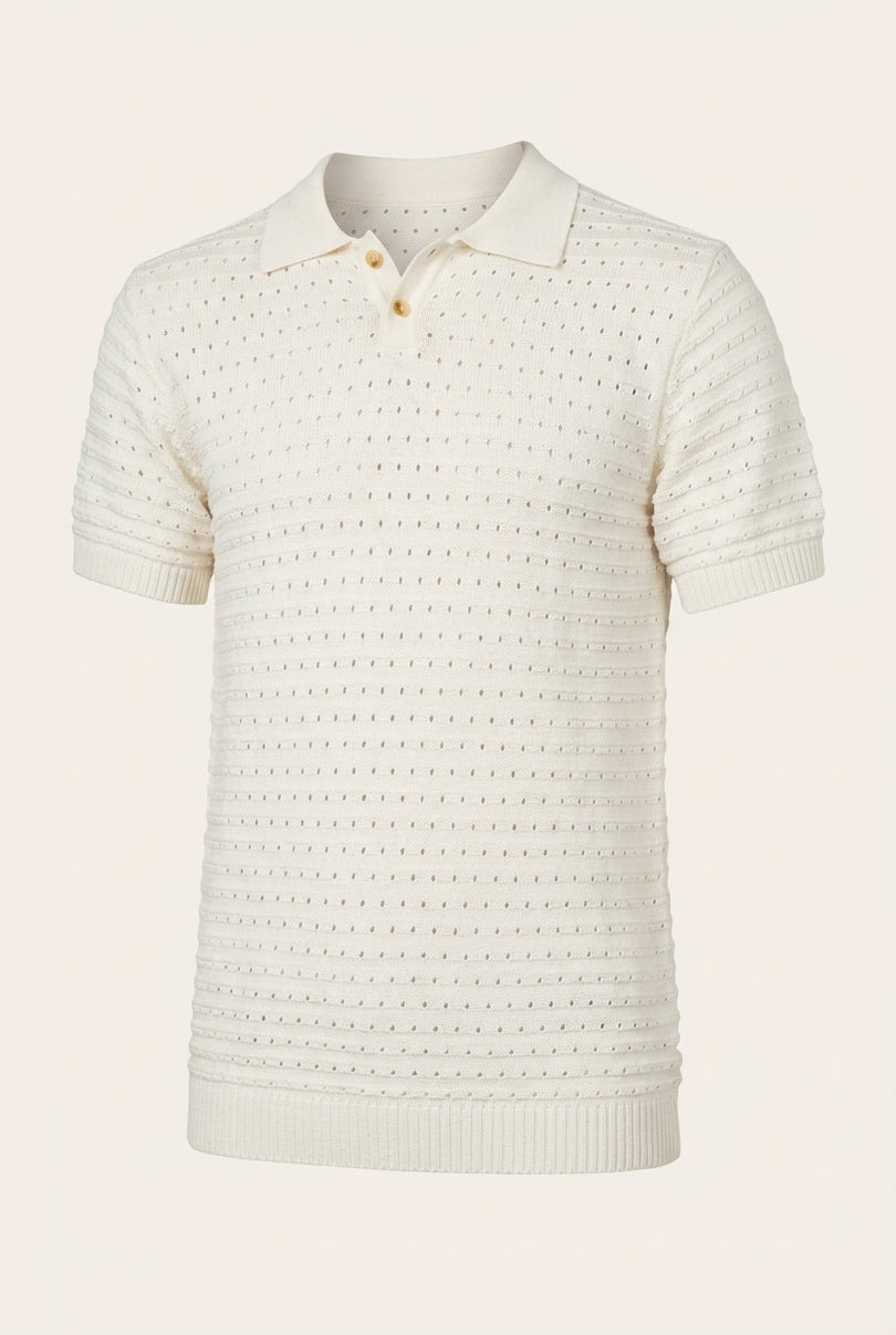 Eyelet Short Sleeve Polo Tee - Off-White - Front