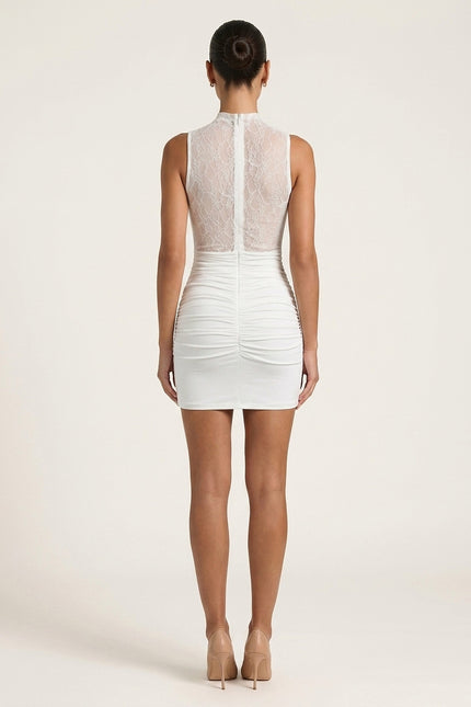 Lace and Stretch Short Dress - White - Back