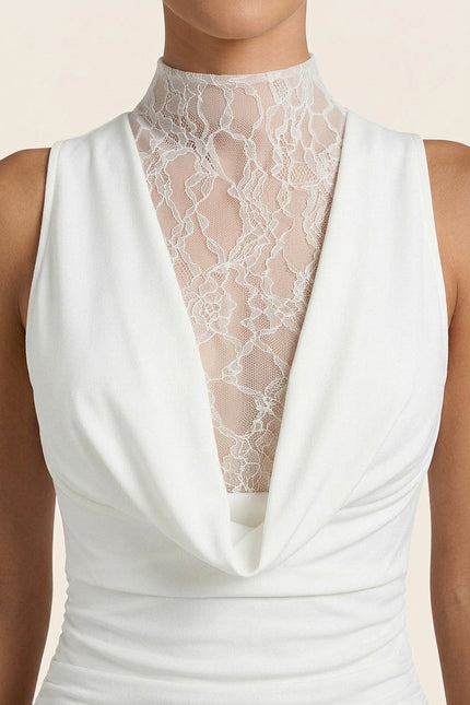 Lace and Stretch Short Dress - White - Detail