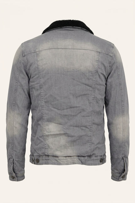 Faux Shearling Lined Denim Jacket - Grey - Back