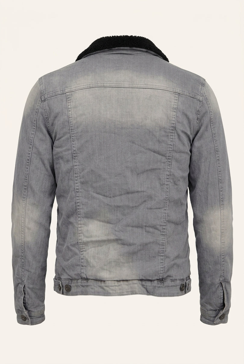 Faux Shearling Lined Denim Jacket - Grey - Back