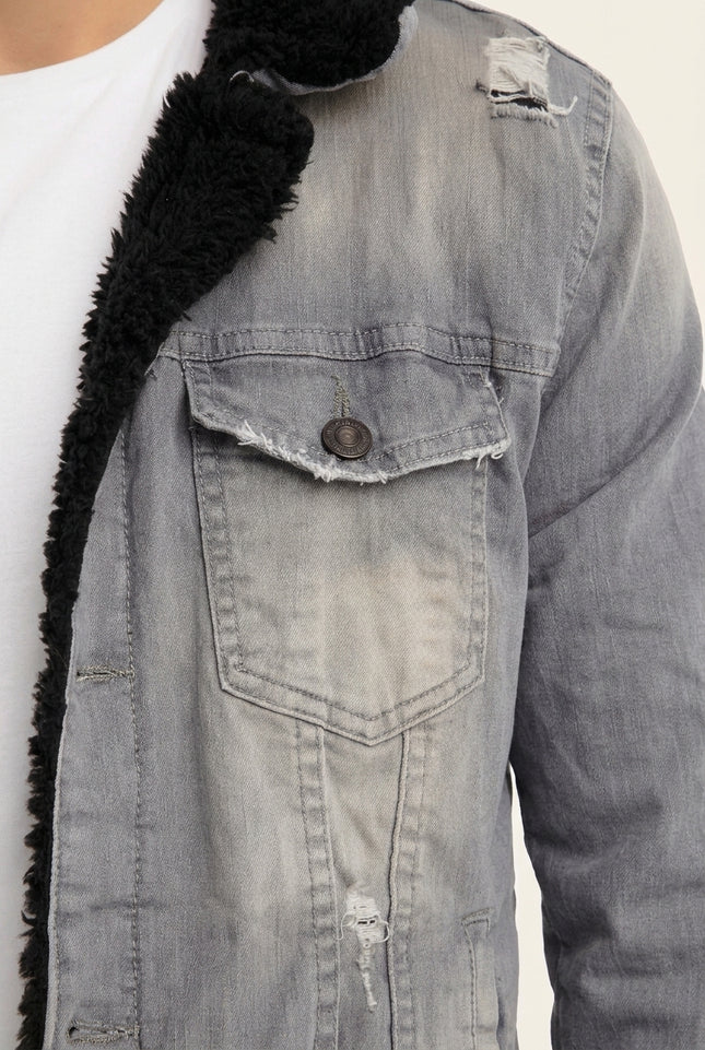 Faux Shearling Lined Denim Jacket - Grey - Detail
