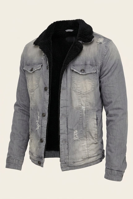Faux Shearling Lined Denim Jacket - Grey - Front